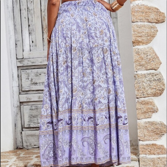 Boho Floral Paisley Print High Smocked Shirred Waist Maxi Skirt - Picture 6 of 9
